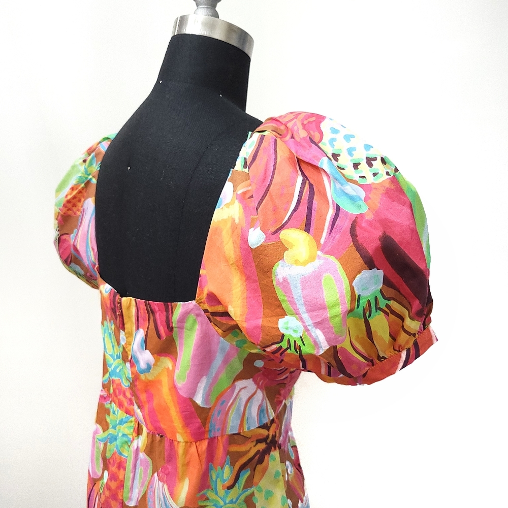 Farm Rio Fruit Salad Pastel Maxamilist Puff Sleeve Fruit Hearts Print Maxi Dress - Picture 12 of 14